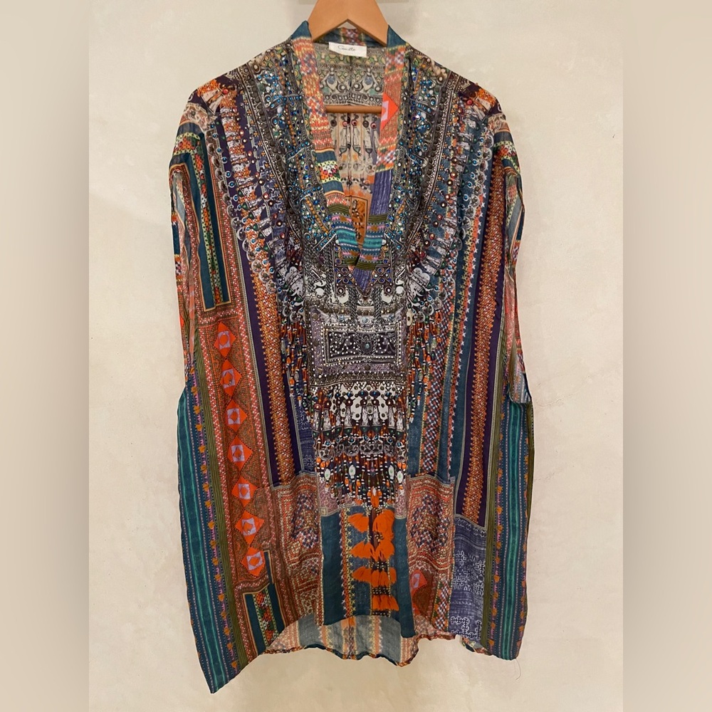 Camilla Franks, Short Mini Caftan/Top, Indigo Trails, 100% Silk, OS